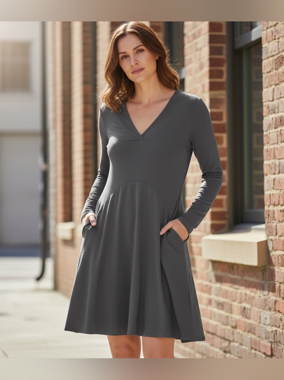 Anthropologie Dolan Charcoal Gray V-Neck Long Sleeve A-Line Dress